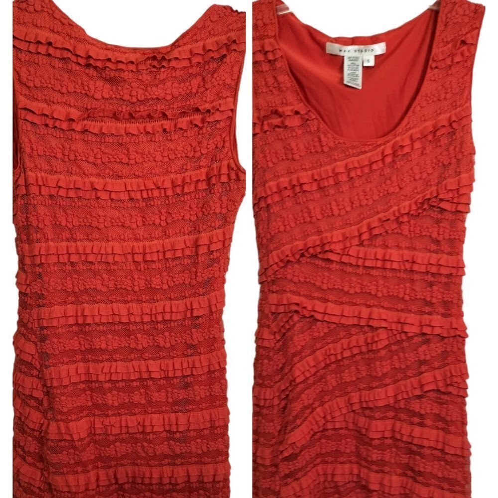 1032)Max Studio Coral Ruffles, Fishnet Tank Sheath Dress Size Small